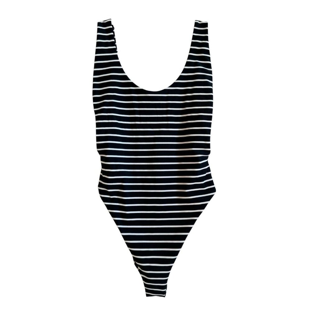 Aerie Women's‎ Super Scoop One-Piece Swimsuit Black White Stripes Cheeky Size M